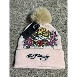 Ed Hardy Pink Tiger Rose Rhinestone Faux Fur Pom Beanie Hat